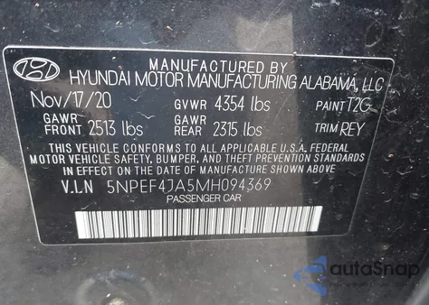 2021 Hyundai Sonata Sel z USA, uszkodzony, nr VIN 5NPEF4JA5MH094369